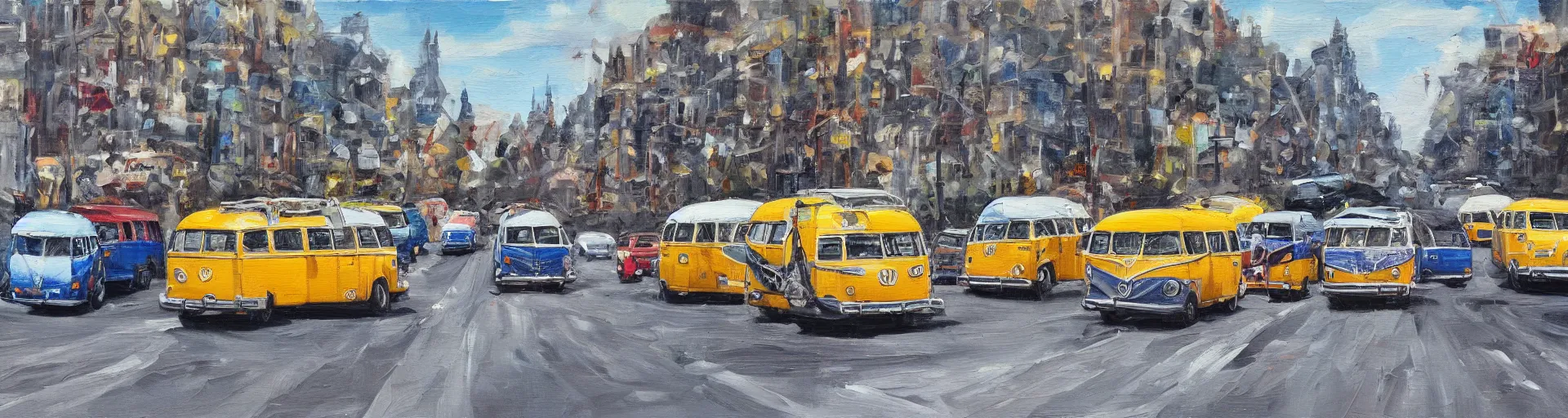 Image similar to a detailed oil painting of vw buses racing in the street