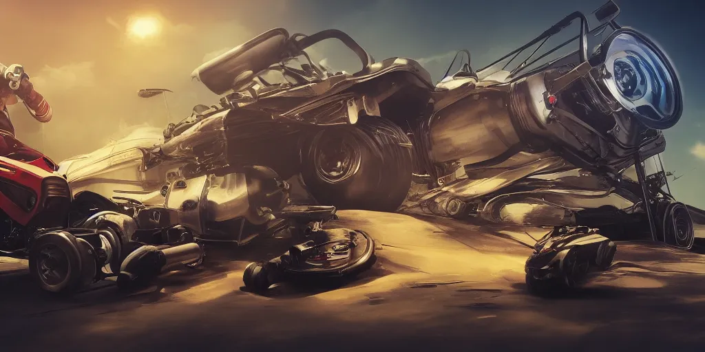 Image similar to Vin Diesel racing on a lawnmower, hyperdetailed, artstation, cgsociety, 8k