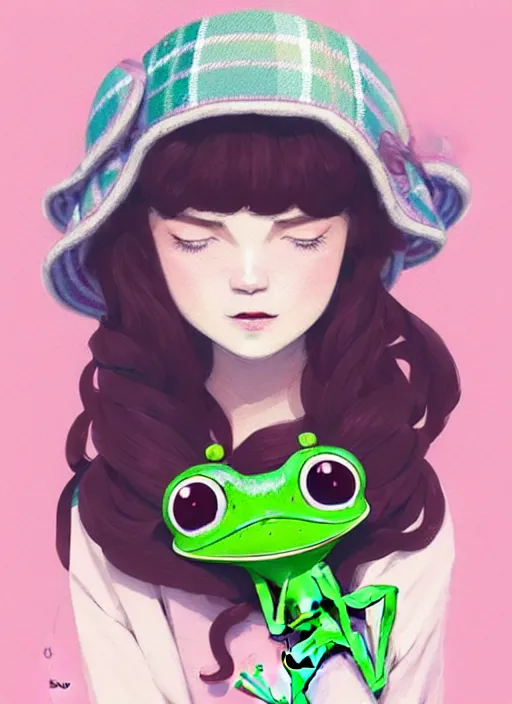 Prompt: highly detailed portrait of a cute fairy girl with a bucket hat holding a frog plushie, tartan hoody, photographic realistic background, ringlet hair by atey ghailan, by greg rutkowski, by greg tocchini, by james gilleard, by joe fenton, by kaethe butcher, gradient pink, cream, celeste and white color scheme, trending in instagram, award winning details