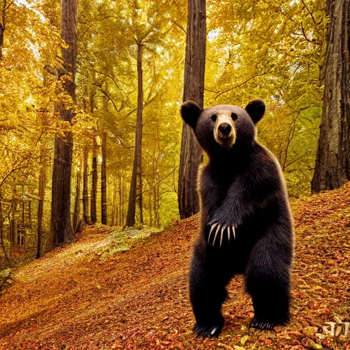 Image similar to a bear standing in a beautiful autumn forest, very high detail ultra quality photo, sigma 2 0 0 2. 8