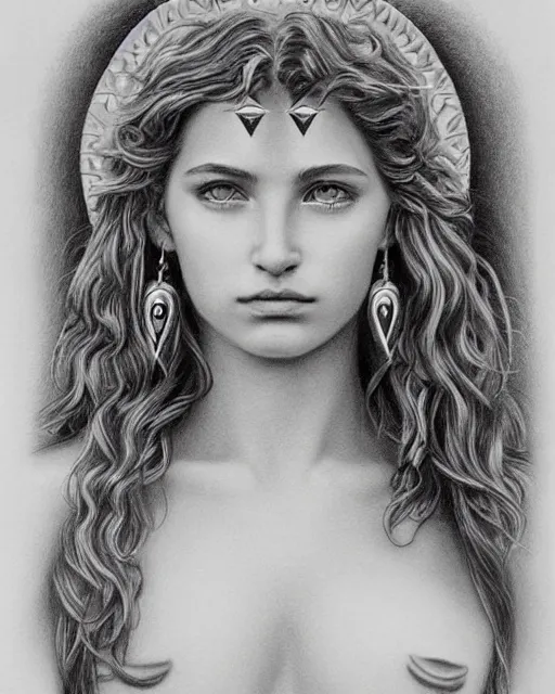 Image similar to pencil drawing of a beautiful greek goddess aphrodite wearing a laurel wreath and arrowhead earrings, beautiful and confident eyes, beautiful flowing hair, hyper realistic face, fantasy, amazing detail, epic, elegant, smooth, sharp focus, from the front, long shot