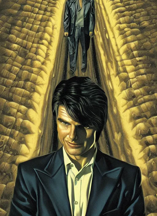 Image similar to portrait of innocent tom cruise, evil beings scheme to control him, twin peaks poster art, from scene from twin peaks, by michael whelan, artgerm, retro, nostalgic, old fashioned, 1 9 8 0 s teen horror novel cover, book