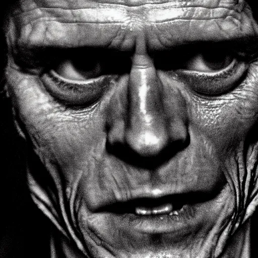 Prompt: an uncanny close-up photo of Willem Dafoe, horror, dark, shadows, cinematic lighting, film grain