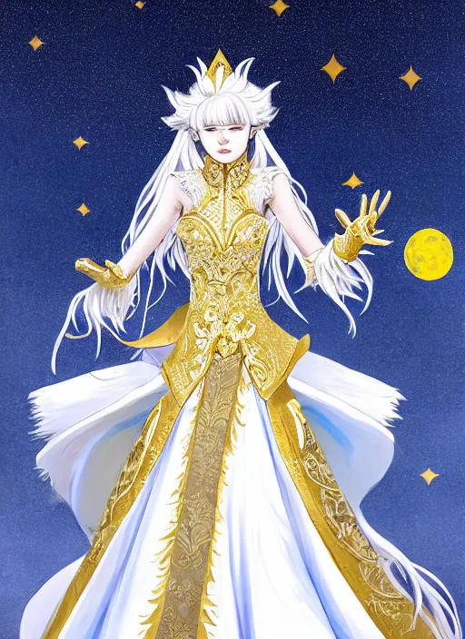 Image similar to commissioned full body portrait of a female anthro werewolf princess fursona with white hair wearing a white and gold Chinese armored dress in a white and gold palace on a starry night with a large crescent moon, by a professional manga illustrator, Stanley Artgerm Lau, WLOP, Rossdraws, James Jean, Andrei Riabovitchev, Marc Simonetti, and Sakimichan, trending on artstation