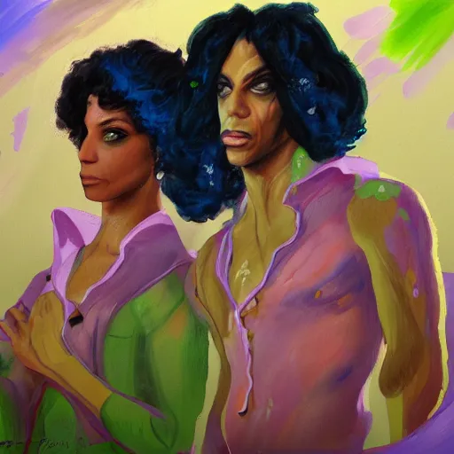 Prompt: a messy painting of Prince. Jealousy. Twin sisters. Trending on ArtStation