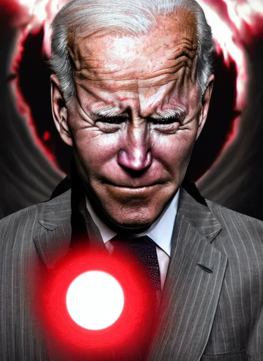 Image similar to hyper realistic ultra realistic dark magic photo Doom furious glowing red eyes biden, high quality photo, detailed , 8k