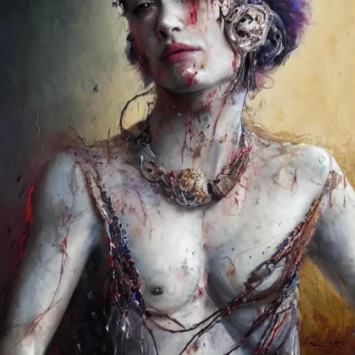 Prompt: stoya expressive oil painting, of helena bonham carter mixed with sophia lauren, bumpy mottled skin full of blood and scars, ornate headpiece made from crystals, cables and wires, body horror, by yoshitaka amano, by greg rutkowski, by jeremyg lipkinng, by artgerm, digital art, octane render