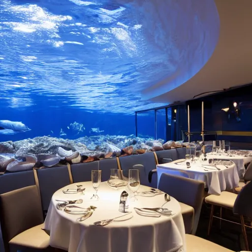 Prompt: michelin star restaurant interior, kitchen pass an underwater view of pristine scottish seas with fish shoal, dynamic lighting