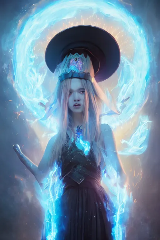 Image similar to a fancy portrait of a beautiful dark magician girl wearing a large witches hat covered in light blue flames flames by Greg Rutkowski, Sung Choi, Mitchell Mohrhauser, Maciej Kuciara, Johnson Ting, Maxim Verehin, Peter Konig, final fantasy , mythical, 8k photorealistic, cinematic lighting, HD, high details, atmospheric,