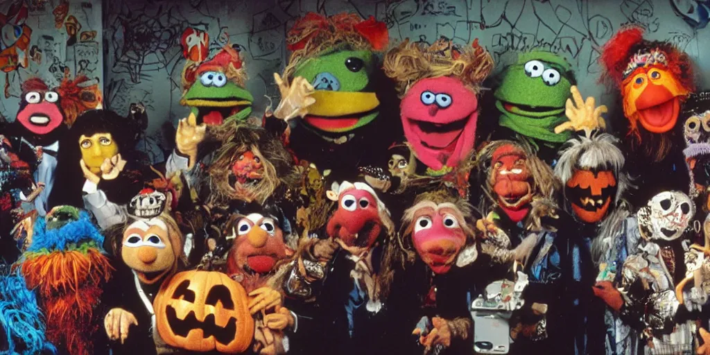 Image similar to jim henson muppet band wearing Halloween masks, 1980s surrealism aesthetic, detailed facial expressions, graffiti on the walls and ceiling