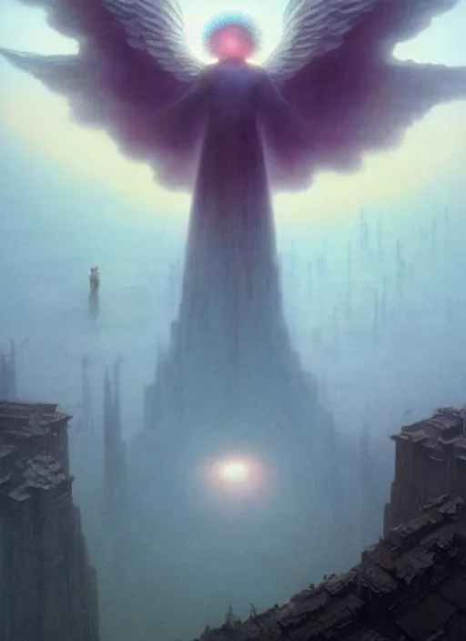 Prompt: giant white glowing angel rising above foggy city by wayne barlowe, wes anderson, roger dean, mikalojus konstantinas ciurlionis and wadim kashin, rich moody colours, 90-s anime, ethereal, lo-fi retro videogame