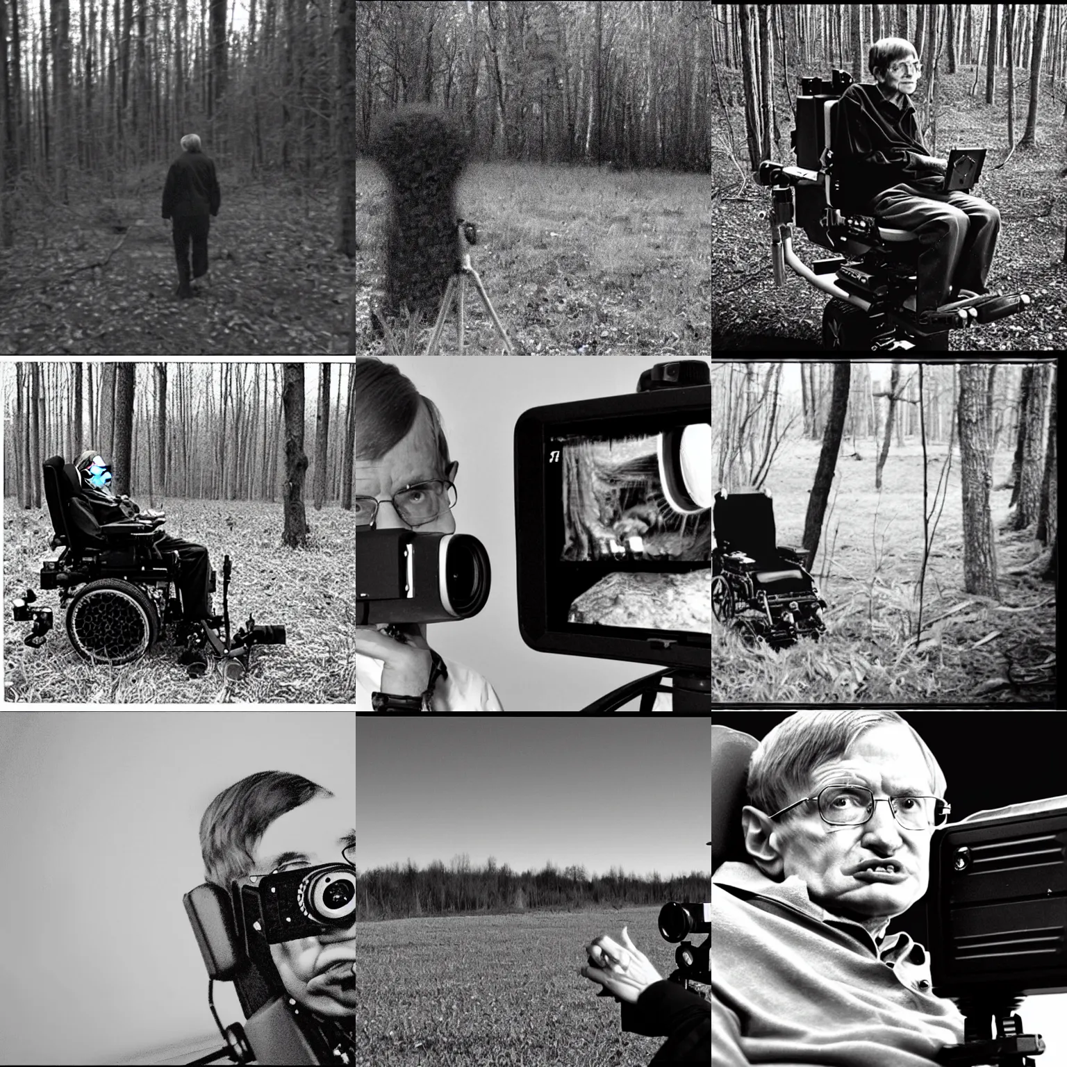 Prompt: trail cam footage of stephen hawking, telephoto long distance shot, nightvision, black and white, creepy