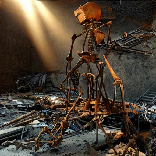 Prompt: a biomechanical rusty skeleton sticking out of a pile of rubble, cybertronic, beams of sunlight