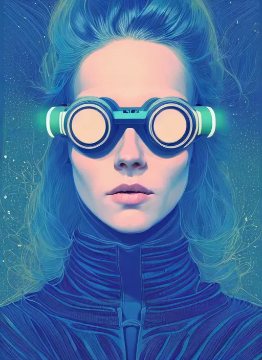 Prompt: portrait of beautiful nordic woman wearing night vision goggles, blue eyes, artstation winner by victo ngai, kilian eng and by jake parker, by conrad roset, swirly vibrant color lines, winning award masterpiece, fantastically gaudy, aesthetic octane render, 8 k hd resolution