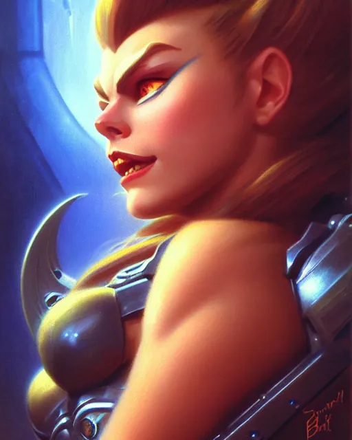 Image similar to brigitte from overwatch, fantasy, fantasy art, character portrait, portrait, close up, highly detailed, intricate detail, amazing detail, sharp focus, vintage fantasy art, vintage sci - fi art, radiant light, caustics, by boris vallejo