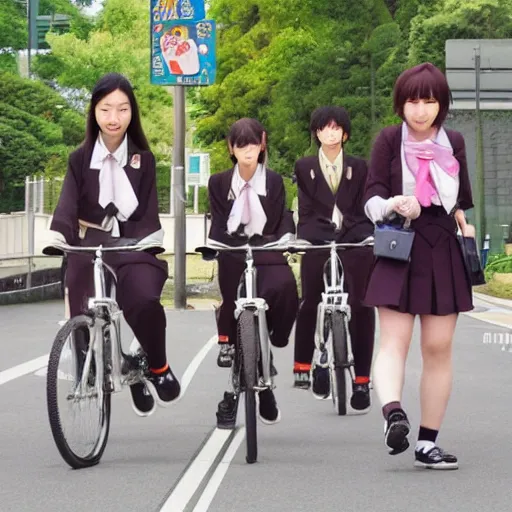 Image similar to too many Japanese high school girls going home on bicycles, by Kyoto Animation