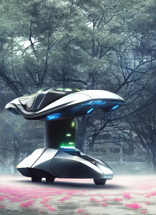 Image similar to a futuristic solarpunk tesla cyber truck vehicle hover craft in the future of 2 0 8 9 futuristic version, cyberpunk look. digital art. trending on artstation. cyberpunk look hovering by mount fuji early in the morning with a few blossom trees around, high quality photo