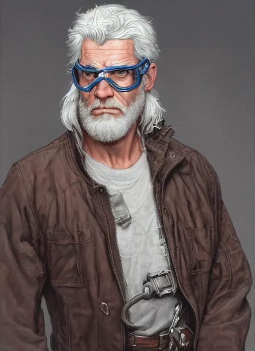 Image similar to a ruggedly handsome man with white hair and safety goggles, intricate, elegant, highly detailed, centered, digital painting, artstation, concept art, smooth, sharp focus, illustration, art by todd lockwood and donato giancola and Joseph Christian Leyendecker