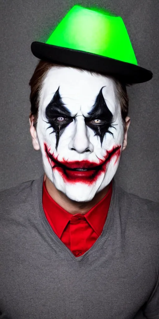 Image similar to a male model with glowing inferno eyes hat in joker makeup, frontal view, cool looking