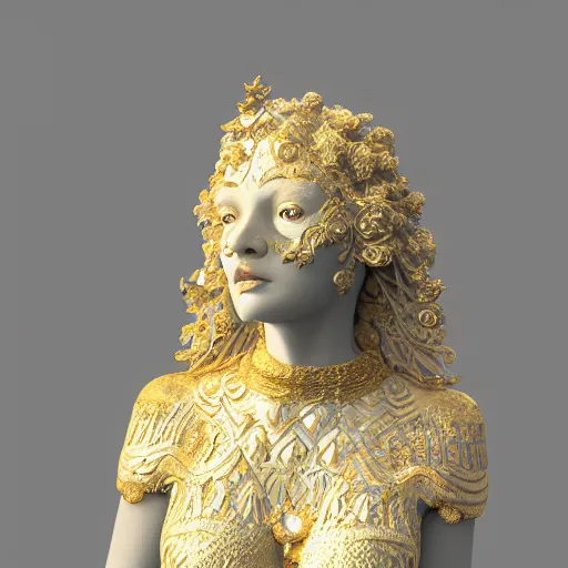 Prompt: Ultra detailed 3d render Macro of a marble statue, beautiful woman face, symmetrical composition, intricate thin details in gold, fantasy flowers and leaves, mandelbrot, octane render, 8k, high quality, volumetric lighting, color grading