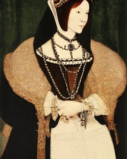 Prompt: “Anne Boleyn wearing 1970s clothes, painting by Hans Holbein”