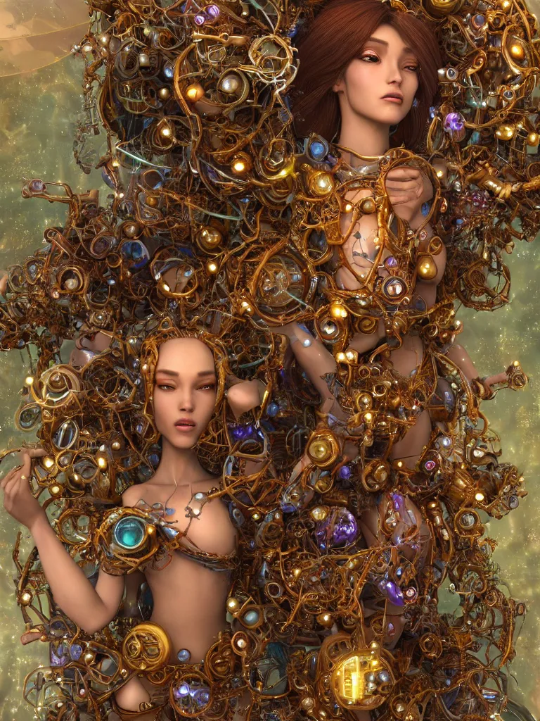 Image similar to a centered beautiful goddesses is surounded by intertwining bio - mech tendrils made of machine and robot parts and gemstones and leaves and feathers, full body, gorgeous face, perfect face, powerful, by justin gerard and james jean, 3 d, cinema 4 d render, trending on artstation, octane render, 8 k