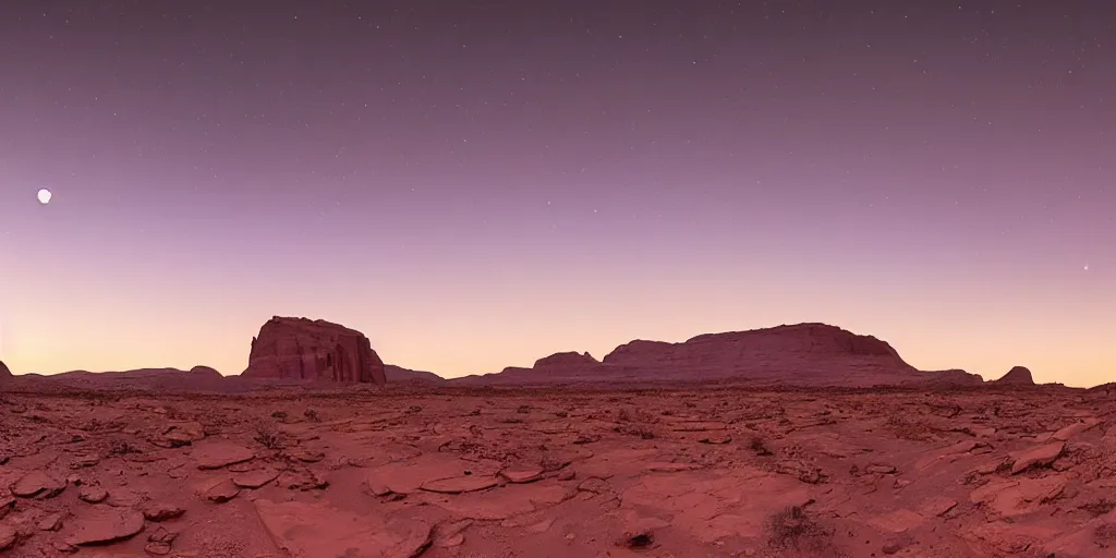 Image similar to a view looking out of a cave of a dried up river bend running through a canyon surrounded by desert mountains at sunset on mars, purple sky, two moons, planet mars, moab, utah, a tilt shift photo by frederic church, trending on unsplash, hudson river school, photo taken with provia, national geographic photo