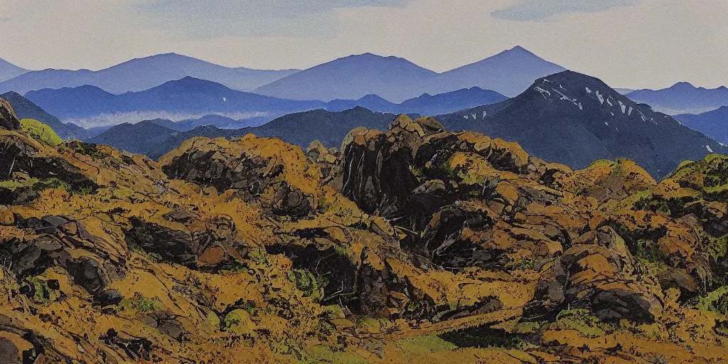 Image similar to grand landscape of rocky hills, art by kotaro chiba