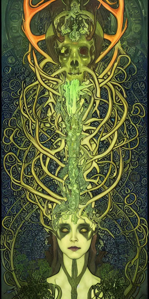 Image similar to intense glowing pagan fungus god with antlers and tentacles and intense glowing eyes and a mossy skull in very dark cosmic space by alphonse mucha and karol bak and h r giger, portrait, fantasy, clear, light beams, lens flare, intense, uhd, amazing depth, cinematic lighting, deep green and black and shining gold