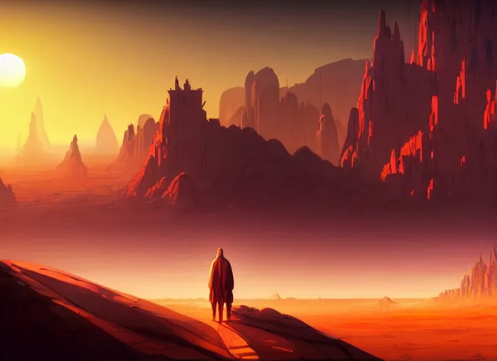 Prompt: science fiction wallpaper, pc game, point - and - click adventure, daedalic entertainment, desert with city in the skyline, two suns, purple orange colors, sharp focus, illustration, highly detailed, digital painting, concept art, matte, art by wlop and artgerm and greg rutkowski and alphonse mucha, masterpiece