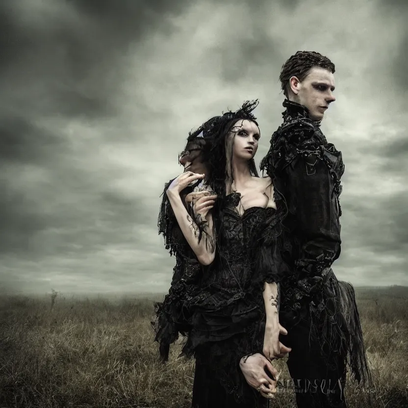 Prompt: portrait of A Gothic couple of jewels in an empty land, dark romance, dark and mysterious, atmospheric, ominous, eerie, cinematic, Epic, 8k, 4k, ultra detail, ultra realistic, rendered by awesomeness