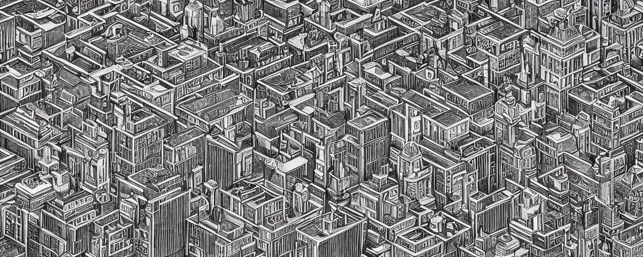 Prompt: a highly detailed cityscape, black and white, in the style of MC Escher, 4k