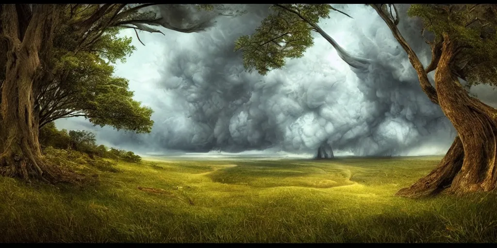 Image similar to A tornado in a beautiful scenic landscape, nature, trees, wide angle, super highly detailed, professional digital painting, artstation, concept art, smooth, sharp focus, no blur, no dof, extreme illustration, Unreal Engine 5, Photorealism, HD quality, 8k resolution, cinema 4d, 3D, beautiful, cinematic, art by artgerm and greg rutkowski and alphonse mucha and loish and WLOP