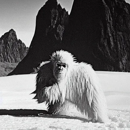 Prompt: an old photograph of a yeti in the arctic wastes