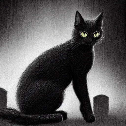 Prompt: close up of black cat in graveyard at midnight, pencil sketch, realistic shaded, fine details, realistic shaded lighting poster by greg rutkowski