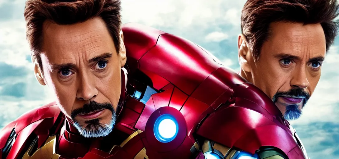 Image similar to jim carrey as iron man, cinematic lens, heroic shot, full shot, from avengers endgame