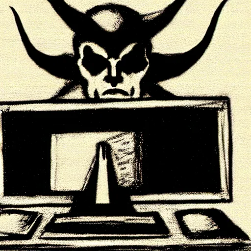 Prompt: a devilish spirits emerging from a desktop computer, renaissance era sketch, satanic, ritual