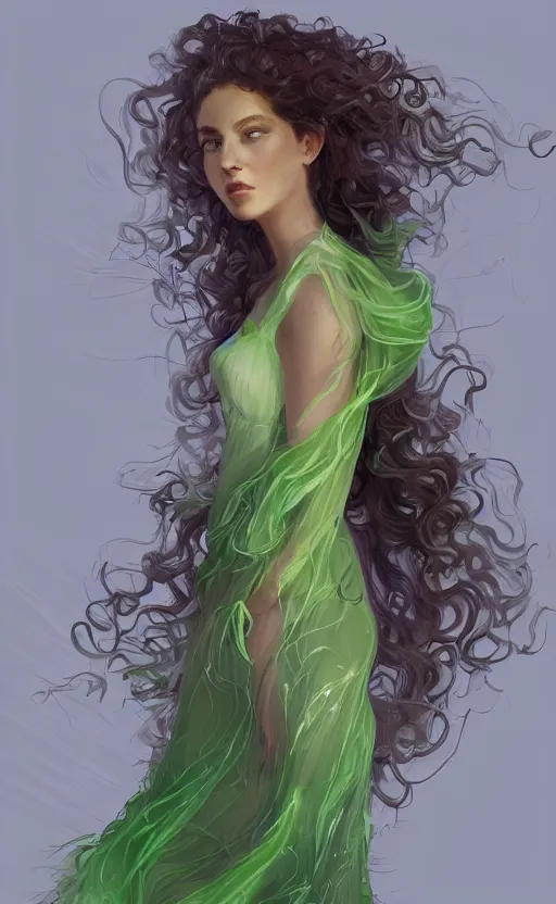 Image similar to a young woman with wild, curly hair and bright green eyes. she's wearing a flowing dress made of light, airy fabric and she has a mischievous look on her face, dynamic lighting, photorealistic fantasy concept art, trending on art station, stunning visuals, creative, cinematic, ultra detailed