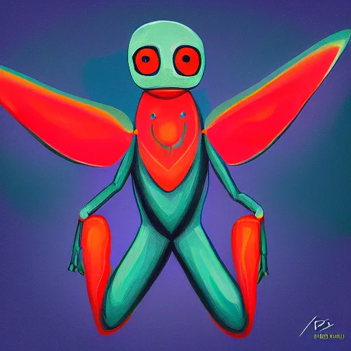 Image similar to an very happy upbeat humanoid mothman very stylized, slim, in the style of john park, digital art painting, winning award image, matte painting, light colours, superb, trending in artstation