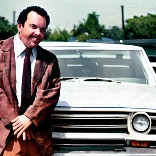 Image similar to a deteriorating color photo from 1 9 7 2 of a persistent used car salesman that looks like a cross between bill burr and fred savage with his hand on a junker car