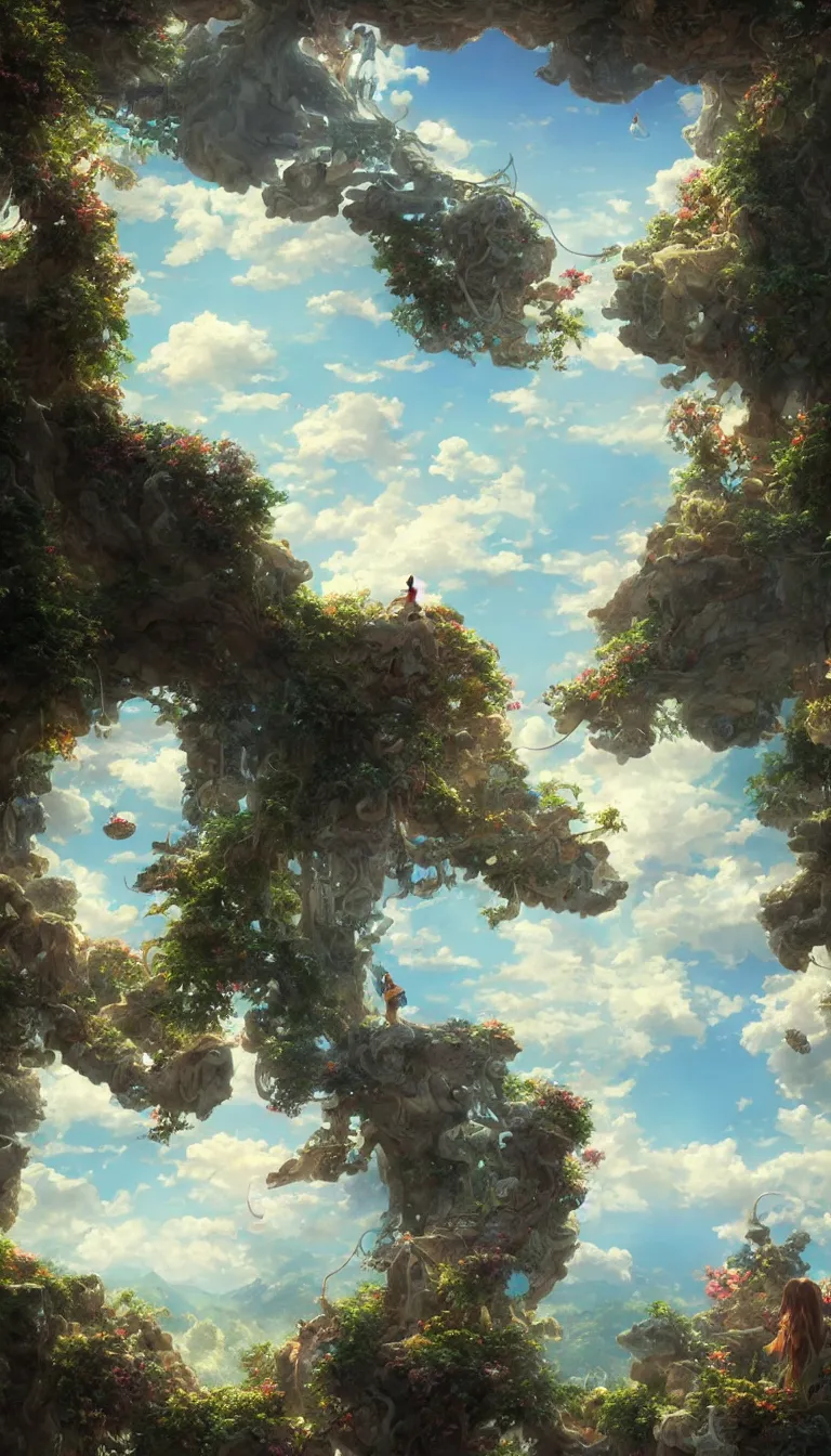 Image similar to wind deity enjoying the view from his stone heavenly palace, decorated with windchimes and paper lanterns, stunning nature and clouds in background, digital art, detailed, volumetric lighting, octane render by anime, stanley artgerm lau, greg rutkowski, thomas kindkade, alphonse mucha, loish, norman rockwel, highly detailed