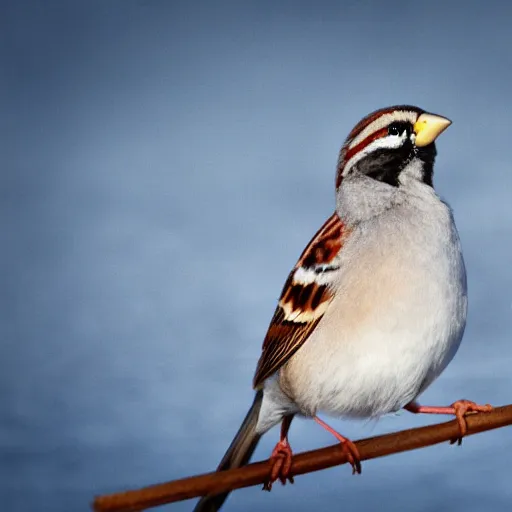 Prompt: a sparrow made of cotton frozen sticks, covered in ice, two blue eyes in the sky, standing in a white empty room, ultra realistic photo, museum quality, soft focus bokeh, 4 k, kodak, grain, aberration,