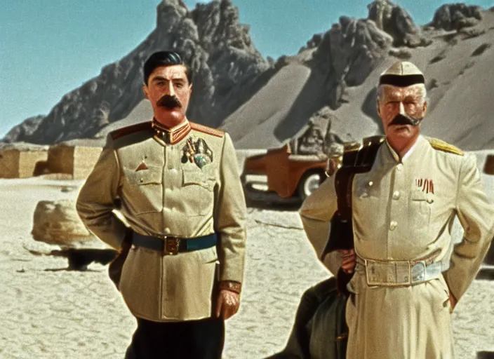 Prompt: a film still of josef stalin in lawrence of arabia ( 1 9 6 2 ), technicolor