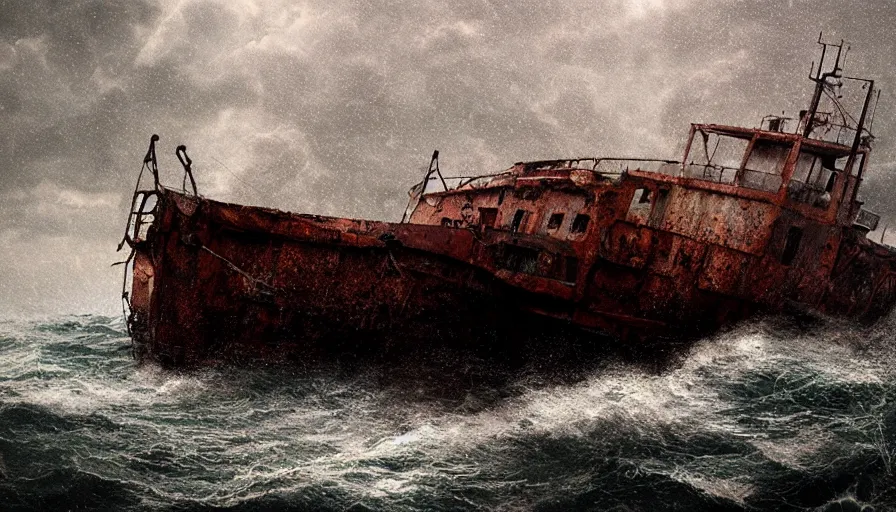 Image similar to abandoned rusted cargo boat in the sea, thunderstorm, rain, lightning, waves, hyperdetailed, artstation, cgsociety, 8 k