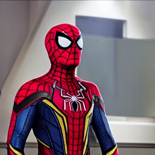 Image similar to promotional image of Spider Man as Iron Man in Iron Man（2008）, he wears Iron Man armor without his face, movie still frame, promotional image, imax 70 mm footage