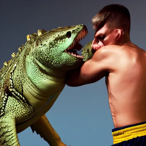 Prompt: a shark boxer fighting a crocodile