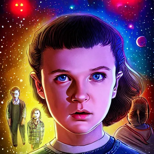 Image similar to eleven from stranger things, nighttime, outdoors, intricate, highly detailed, digital painting, artstation, official media, anime key visual, concept art, ambient lighting, sharp focus, 1980's anime style, art by Artgerm, Makoto Shinkai, Ilya Kuvshinov, Lois Van Baarle, and Rossdraws