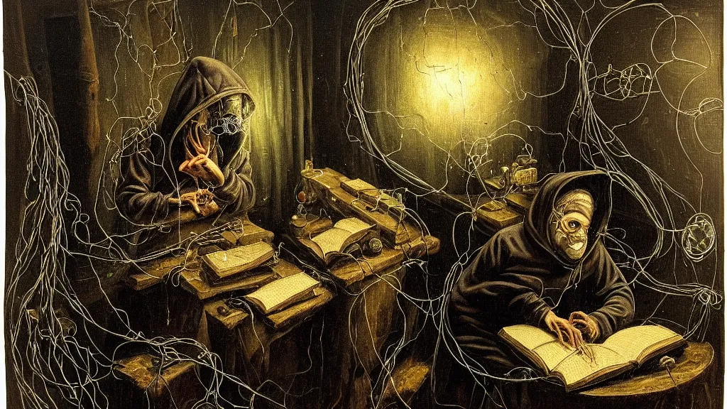 Image similar to prompt: a hacker in a hoodie, sitting in front of a monitor in a darkly lit rum Velasquez, nymph in the water performing alchemy, small flowers and cable wire around and on the side with artifacts and ancient book, intricate oil painting, high detail, Neo-expressionism, gnarly details