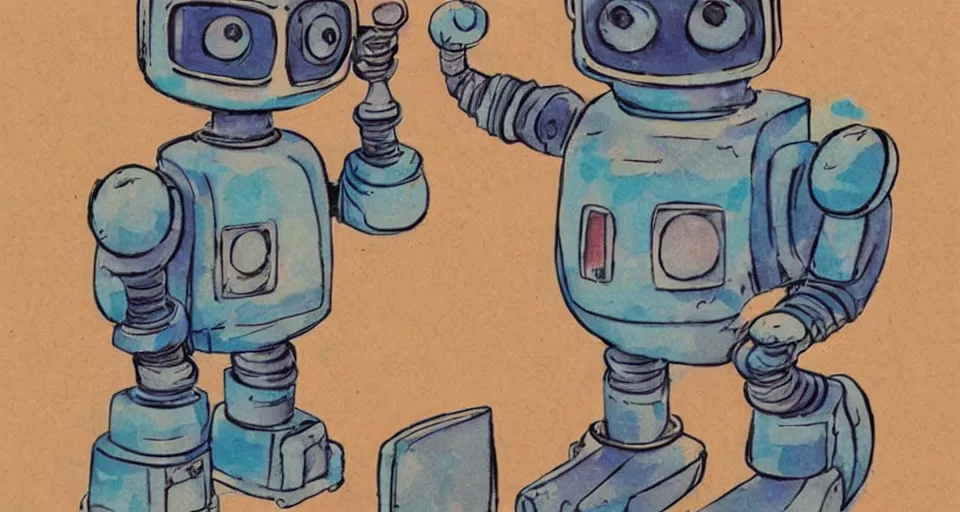 Prompt: a cute retro robot cat. alcohol inks on parchment, muted colors, detailed, textured parchment background, 1 9 5 0 s concept art