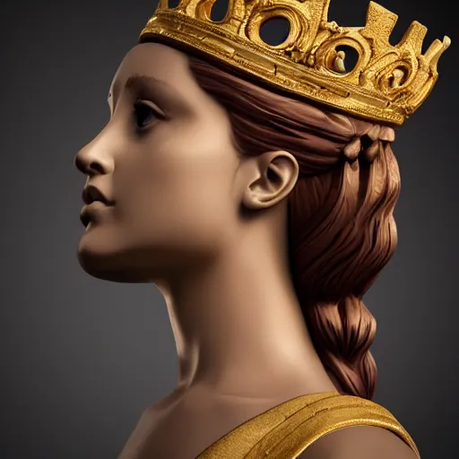 Image similar to side portrait of ariana grande in the form of a greek sculpture in marble, with a gold crown, baroque elements in the background, museum. intricate artwork by michelangelo. photorealistic. ultra detailed. flash. octane render. cinematic. 4 k bokeh.